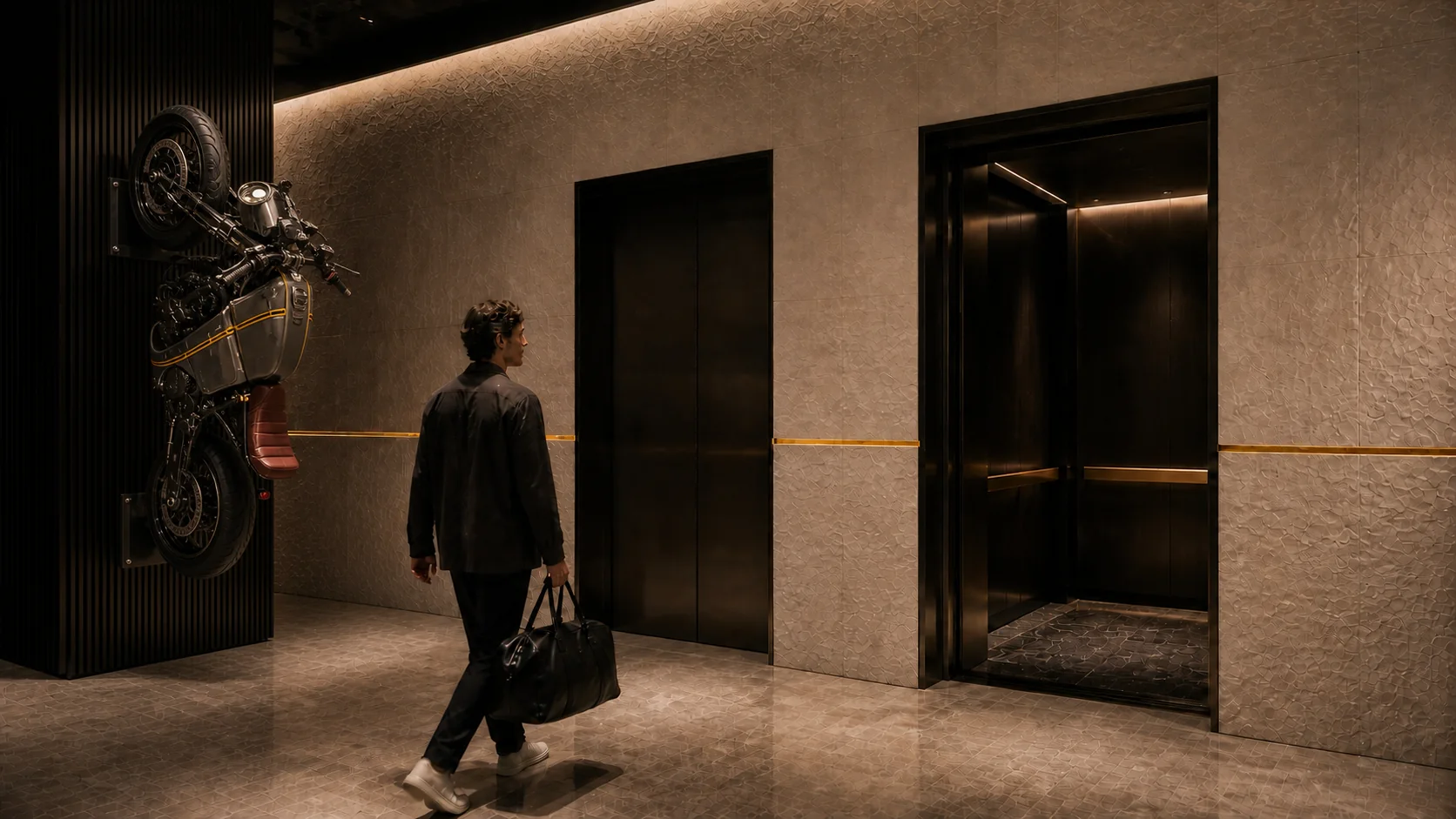 A resident approaching the private elevator beside a vertically mounted custom motorcycle