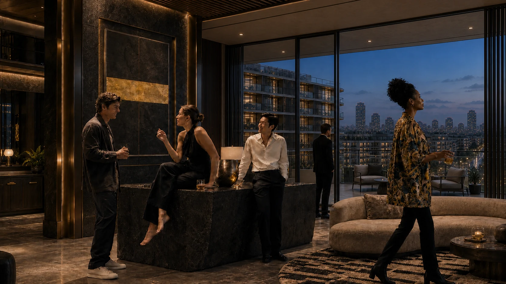 Bitcoin Palace residents meeting in a private contemporary salon