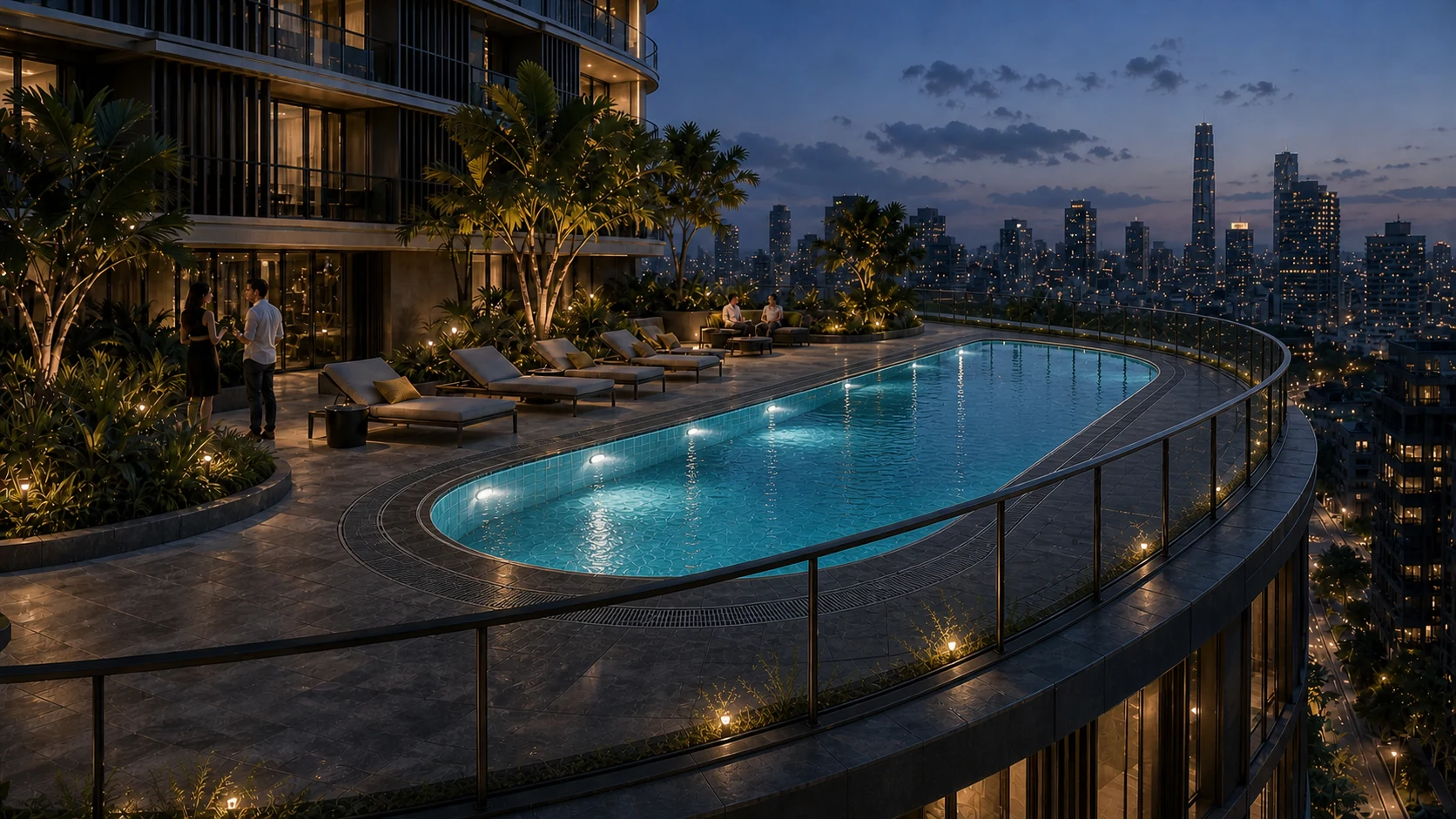 The outdoor sky pool and private social terrace at Bitcoin Palace