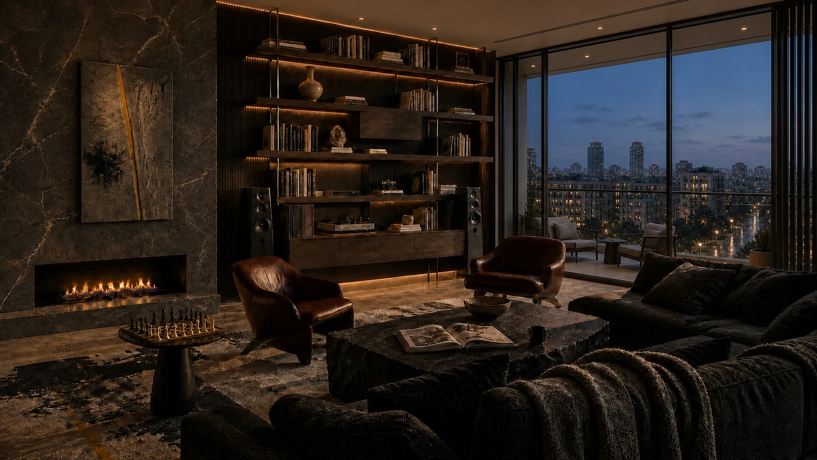 A warm Founder Residence salon with a bespoke modern library and terrace